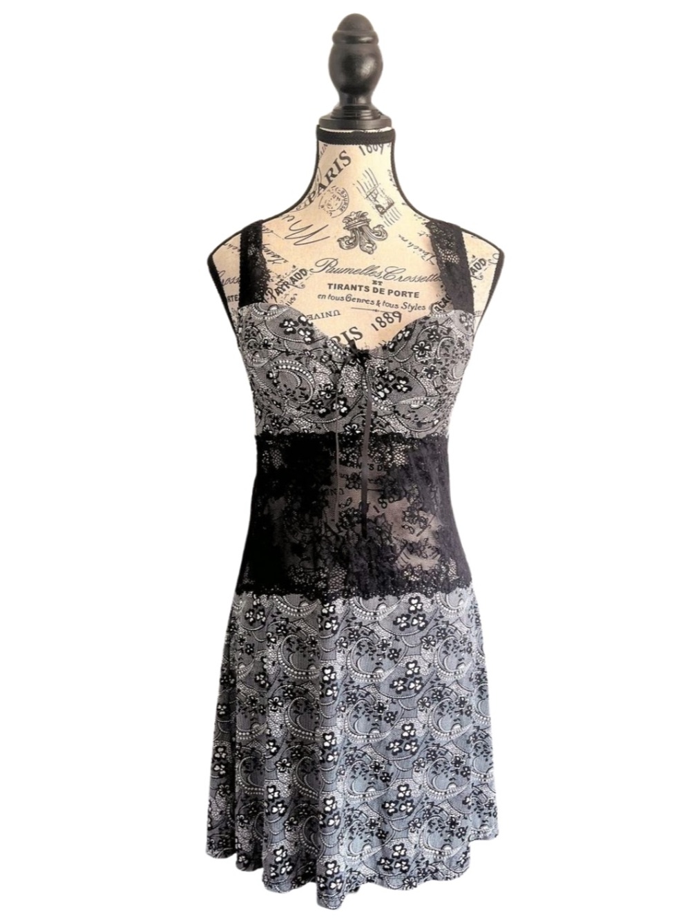🇨🇦 Arianne Lace Paisley Slip Dress Black White Y2K Lingerie Goth Fairy Grunge